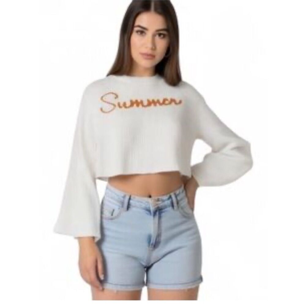 Moon & Madison White Cropped 'Summer' Sweater Top Size L